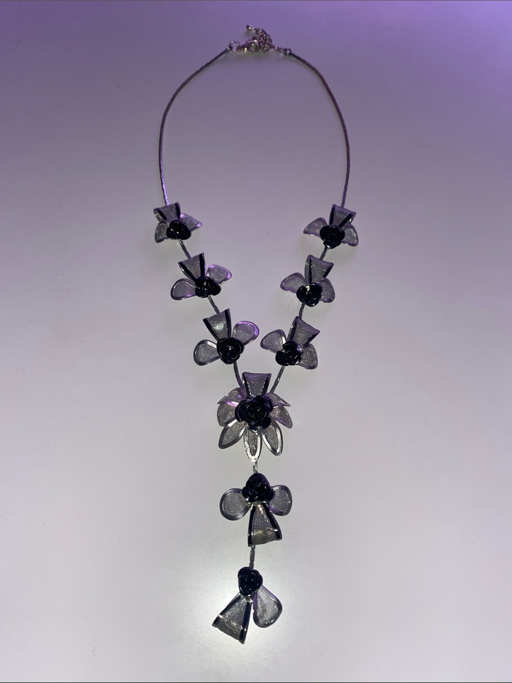 Black Rose Floral and Silver Y Drop Necklace